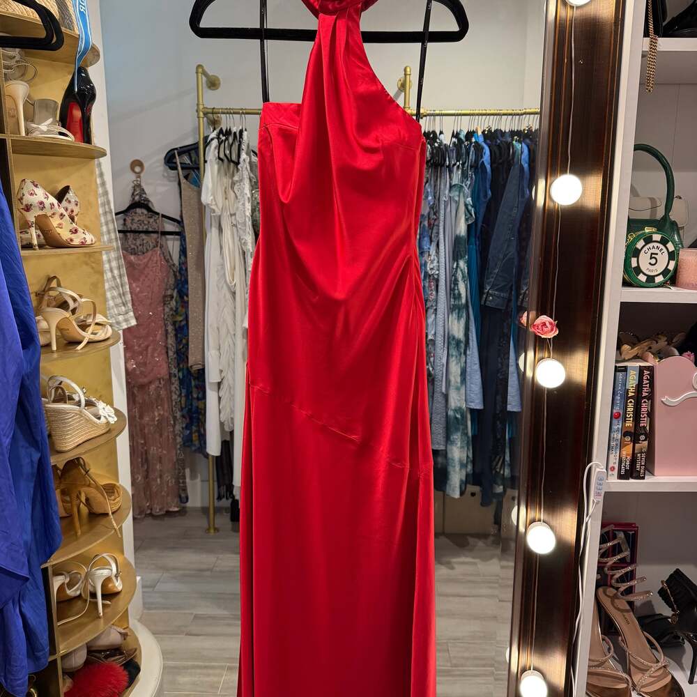 Red Halter Cowl Neck Satin Maxi Dress